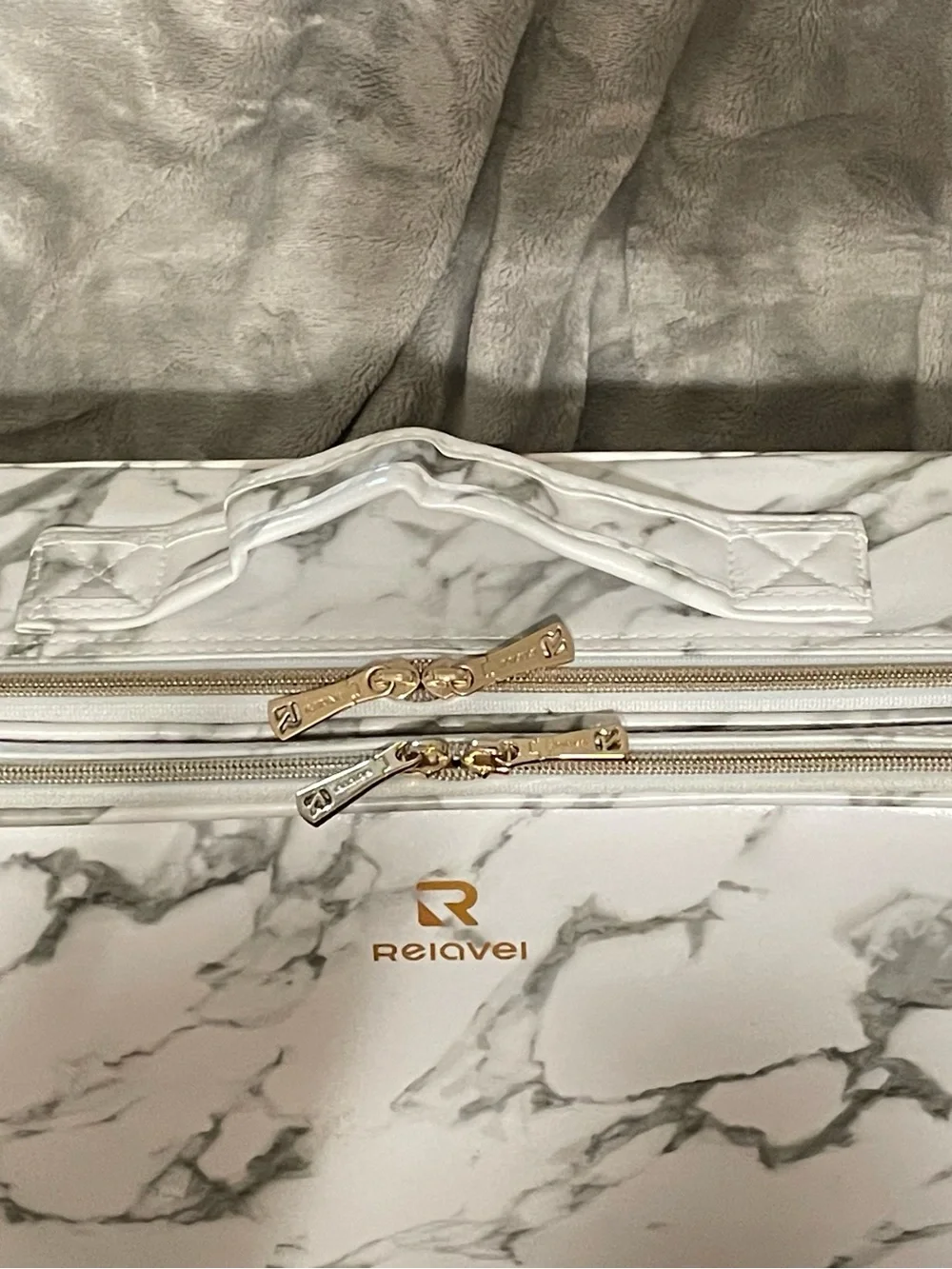 White Marble Travel Cosmetic Case with Gold Logo